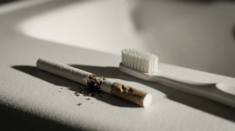 Zerbrochene Zigarette neben weißer Zahnbürste im Sonnenlicht