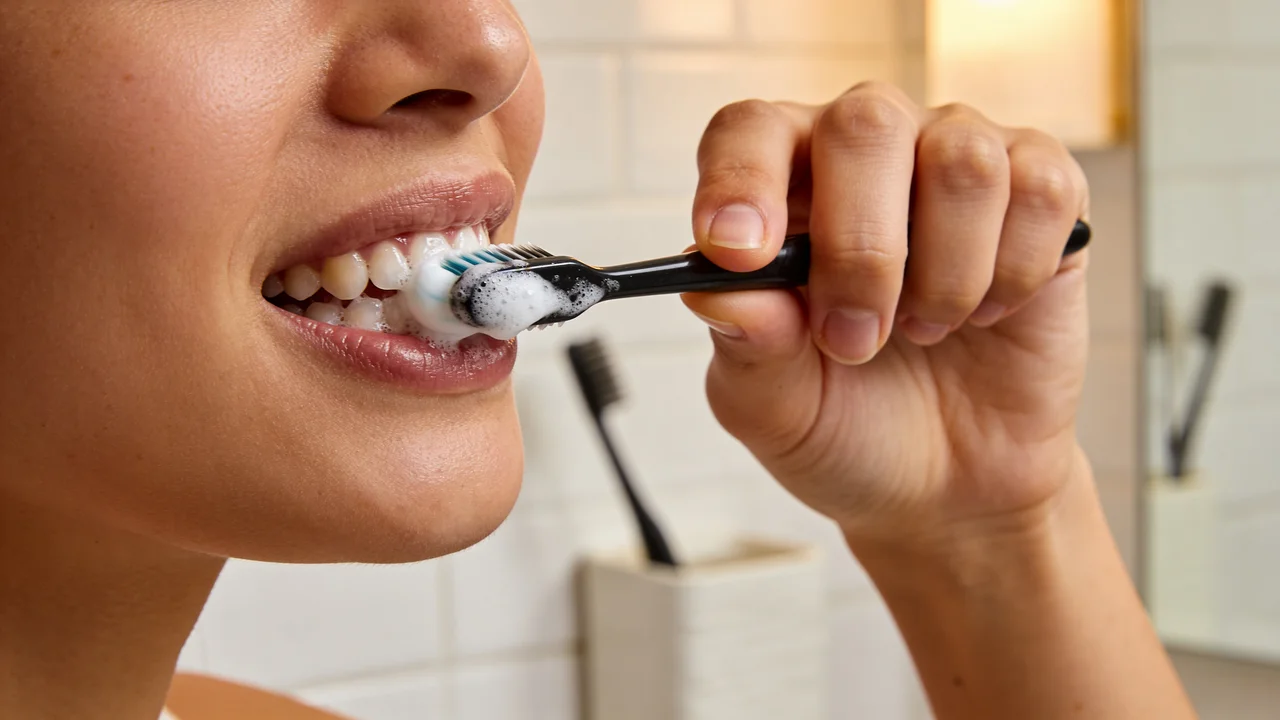 Person putzt Zähne mit schwarzer Zahnbürste