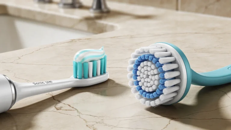 Elektrische Zahnbürste und Gesichtsreinigungsbürste auf Waschbecken