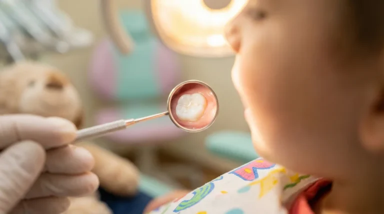 Zahnuntersuchung bei Kind mit Zahnarztspiegel