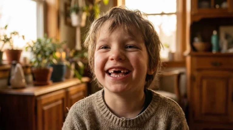 Lachendes Kind in gemütlichem Wohnzimmer