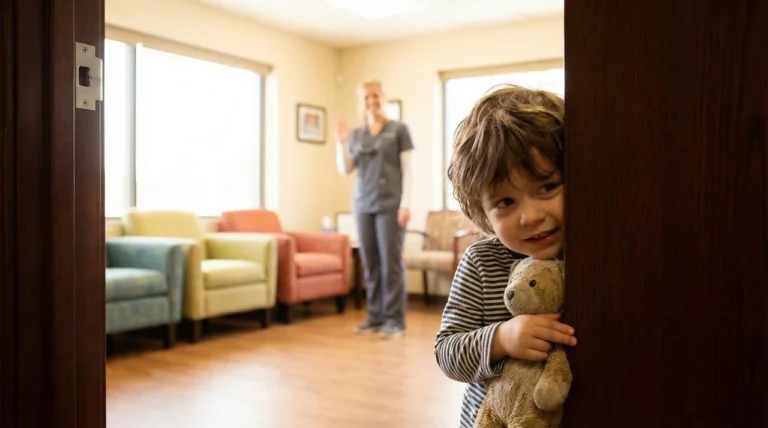 Kind mit Teddybär blickt hinter Tür hervor