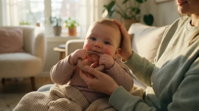 Baby kaut auf Beißring im Wohnzimmer