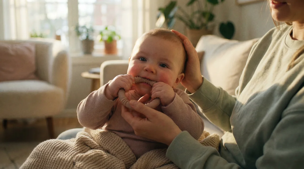 Baby kaut auf Beißring im Wohnzimmer