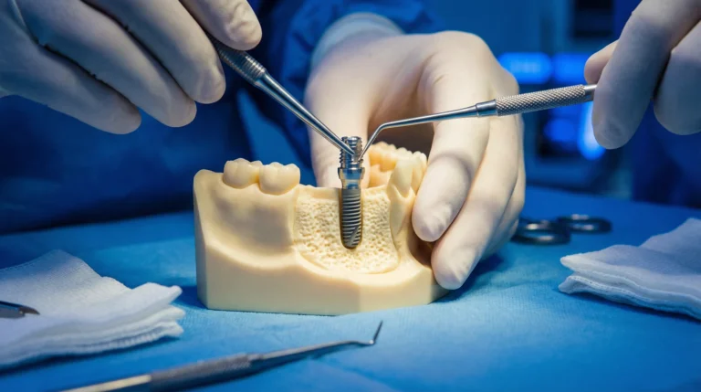 Zahnimplantat wird in Kiefermodell eingesetzt