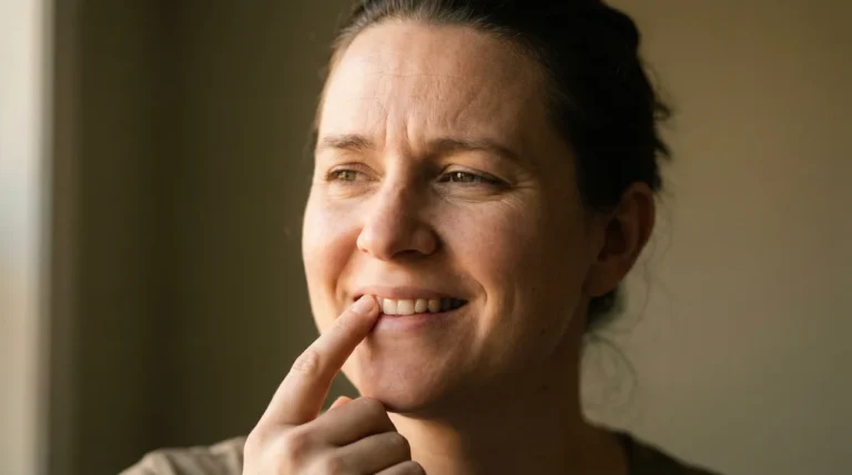 Frau berührt lächelnd ihren Zahn im Porträt