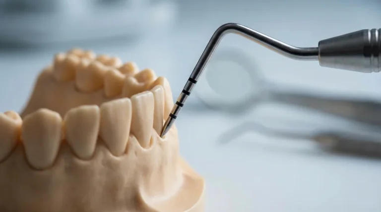 Zahnmodell mit zahnärztlichem Instrument in Nahaufnahme