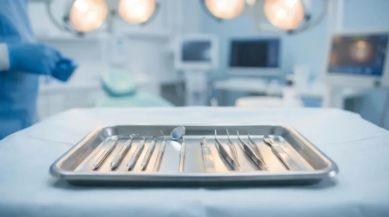 Chirurgische Instrumente auf Tablett im Operationssaal