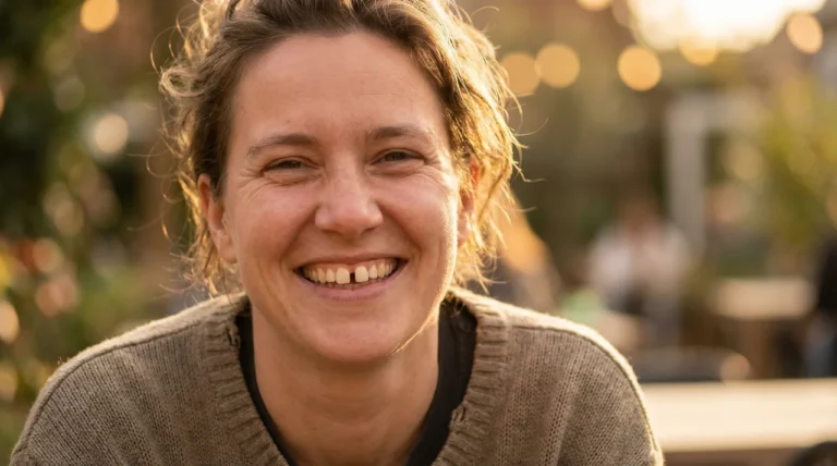 Lächelnde Frau im warmen Abendlicht draußen