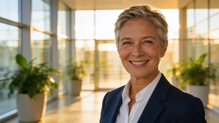 Lächelnde Geschäftsfrau im modernen, lichtdurchfluteten Büroflur