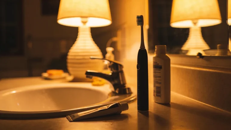 Elektrische Zahnbürste am Waschbecken bei warmem Licht
