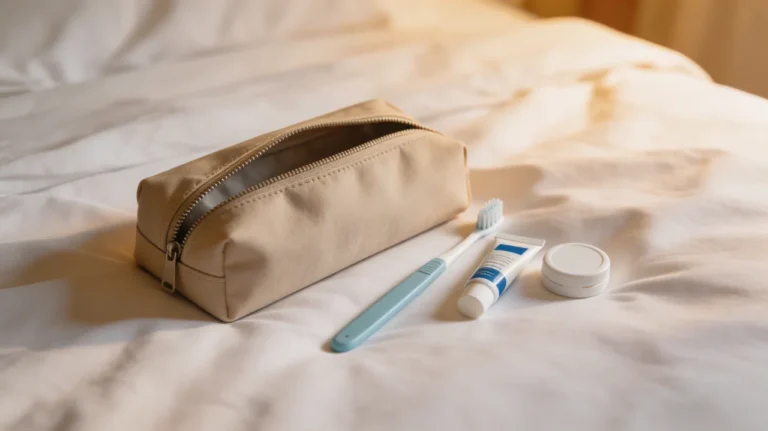Kulturbeutel mit Zahnbürste und Zahnpasta auf Bett
