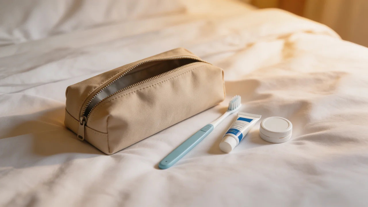 Kulturbeutel mit Zahnbürste und Zahnpasta auf Bett