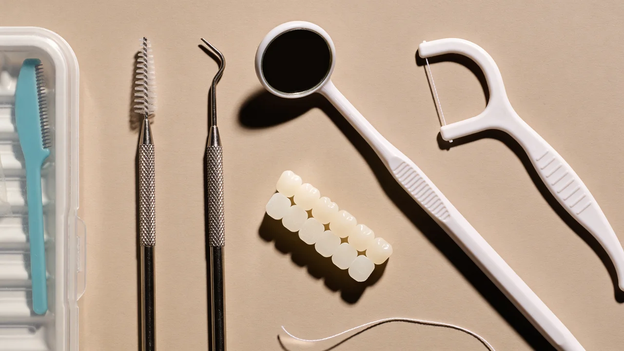 Zahnreinigungswerkzeuge und Zahnfarbmuster auf hellem Hintergrund