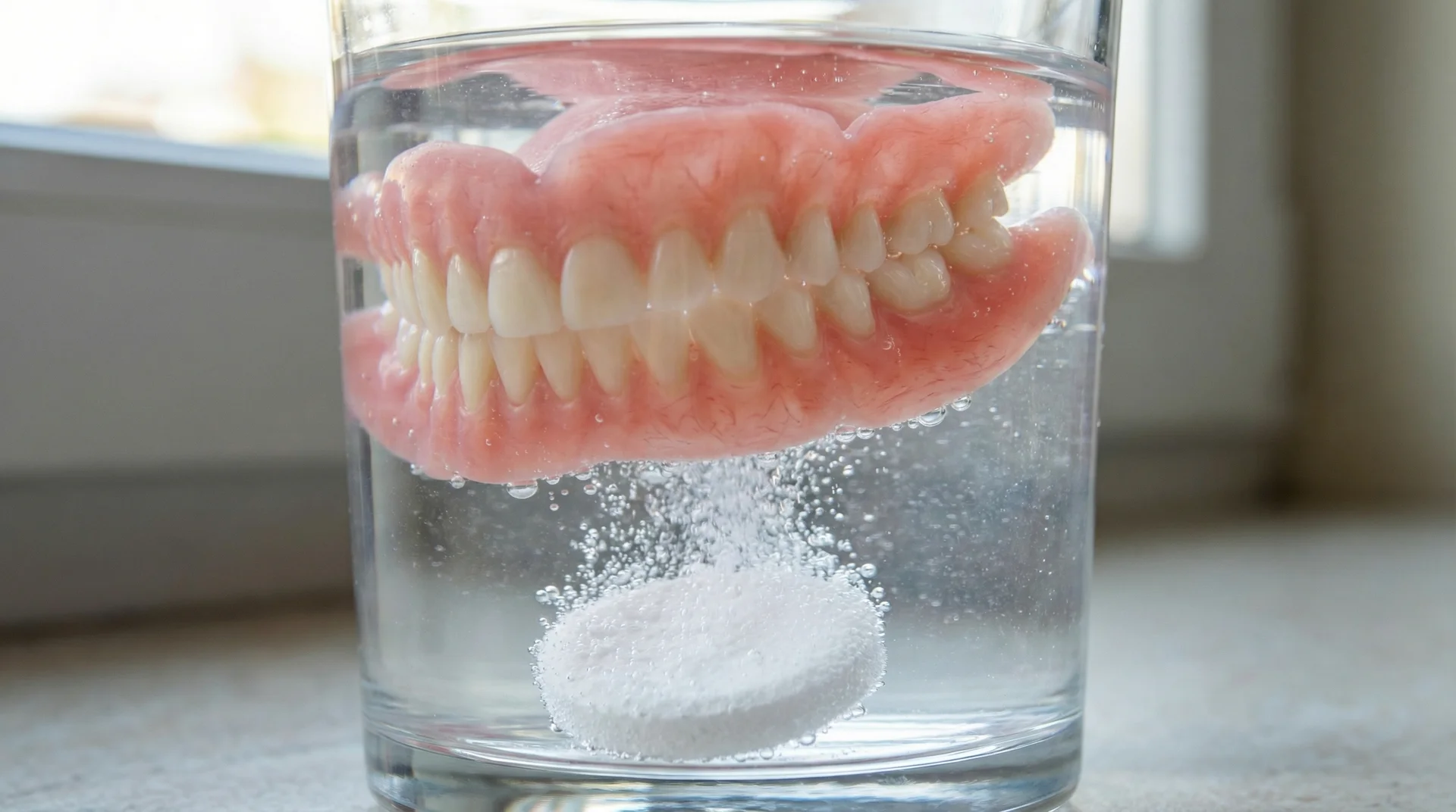 Gebiss in Glas mit Reinigungstablette im Wasser