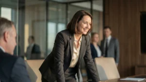 Geschäftsfrau lächelnd im modernen Konferenzraum