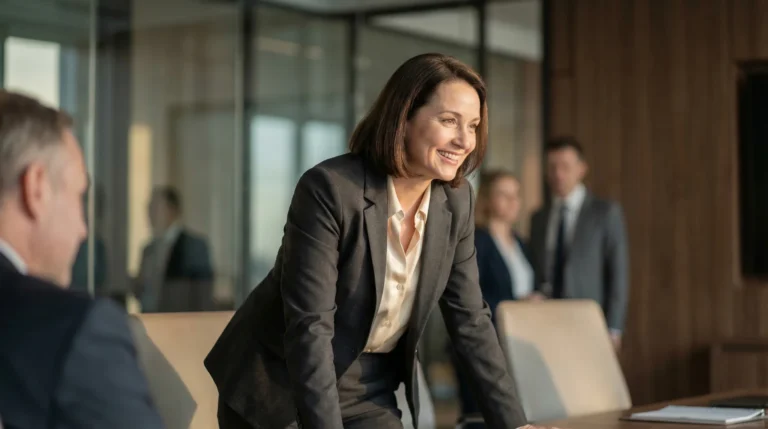 Geschäftsfrau lächelnd im modernen Konferenzraum