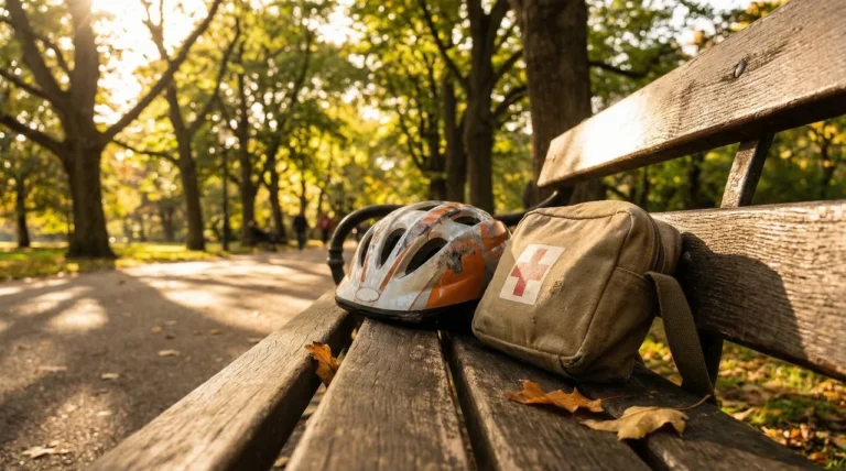 Fahrradhelm und Erste-Hilfe-Tasche auf Parkbank