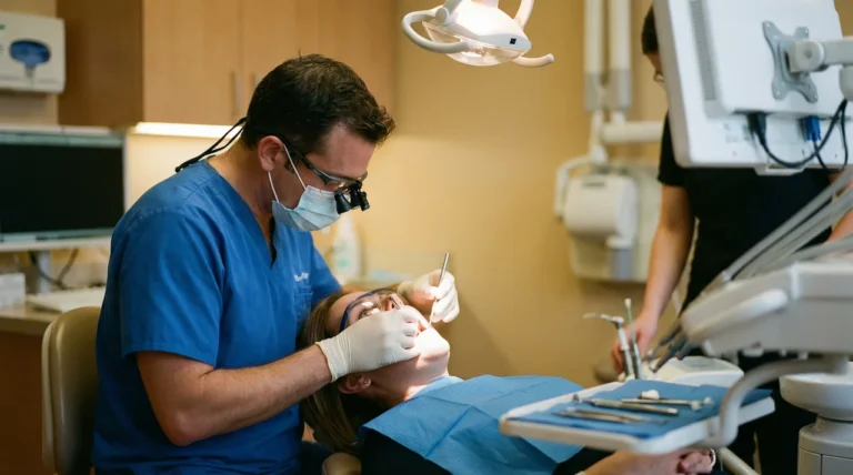 Zahnarzt behandelt Patientin im Behandlungsstuhl