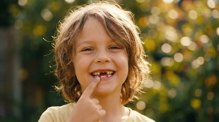 Lächelndes Kind zeigt Zahnlücke im Freien
