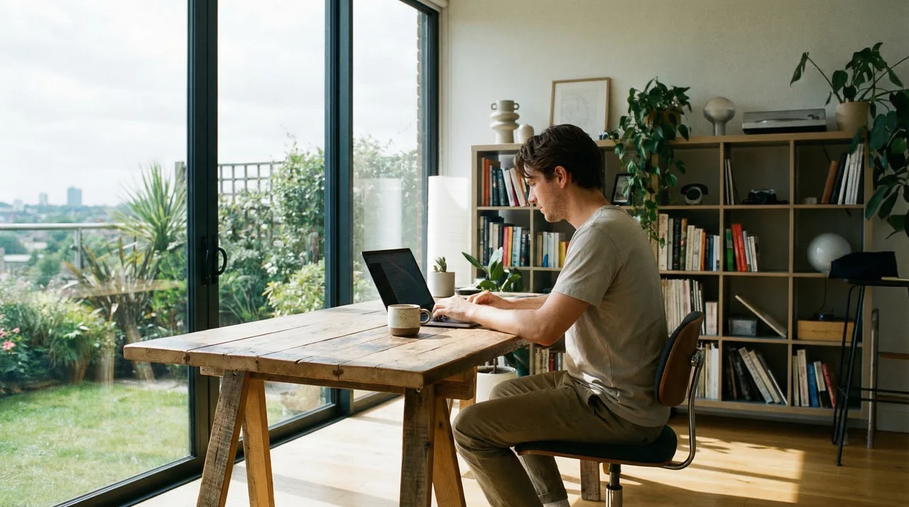 Mann arbeitet am Laptop im hellen Homeoffice