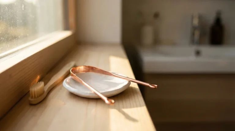 Kupfer-Zungenschaber auf Schale am Fensterbrett