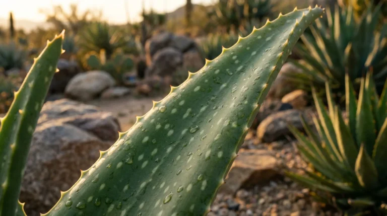 Aloe-Vera-Blatt mit Wassertropfen in Wüstenlandschaft