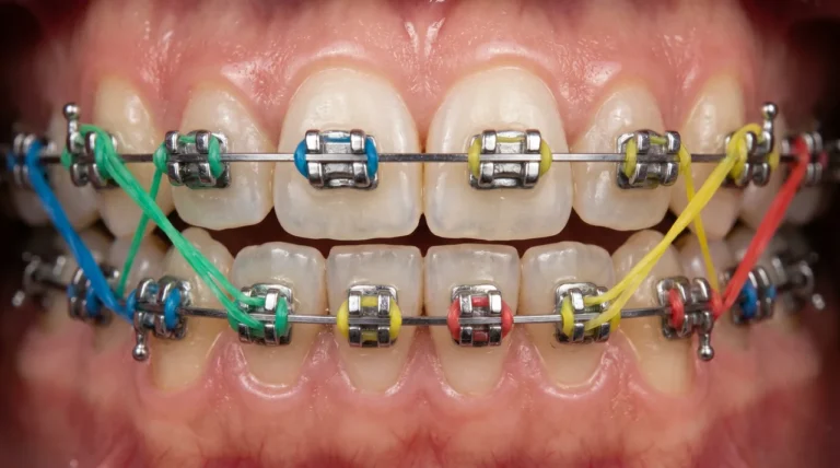 Nahaufnahme von Zähnen mit bunter Zahnspange