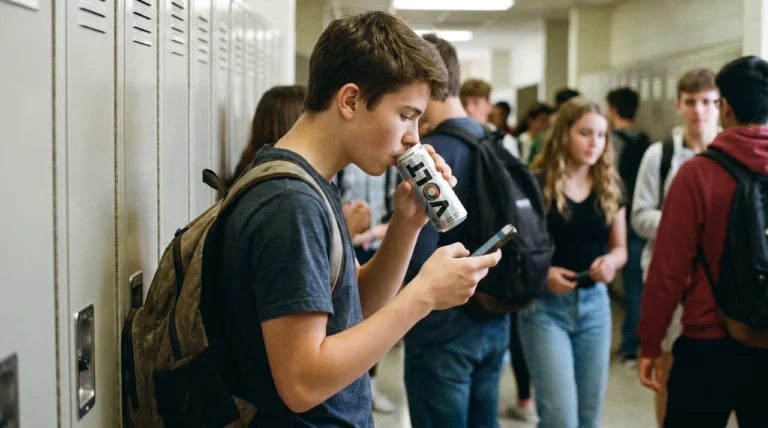 Schüler trinkt Energydrink im Schulflur mit Smartphone