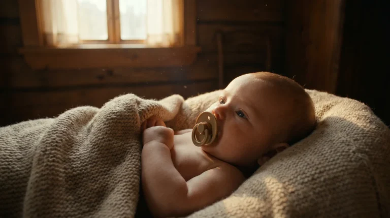 Baby mit Schnuller in Decke am Fenster
