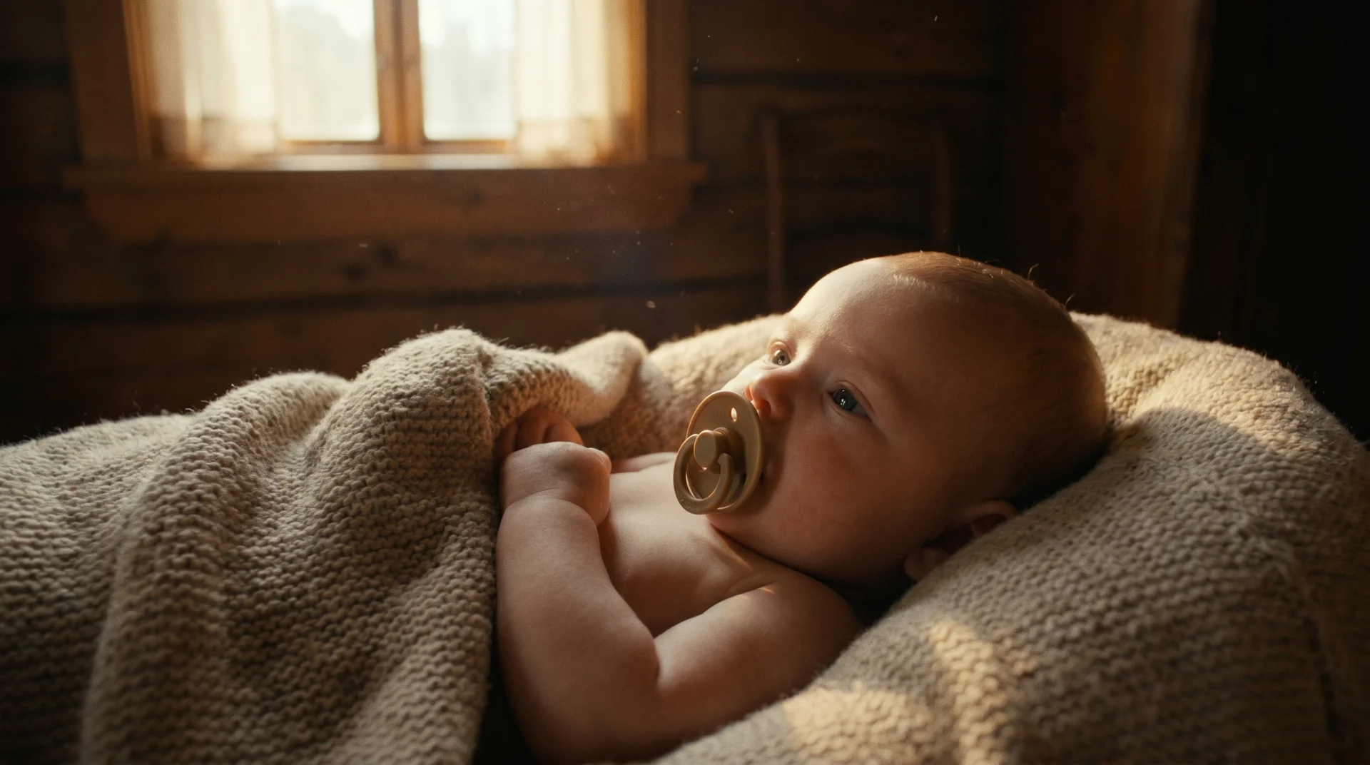 Baby mit Schnuller in Decke am Fenster