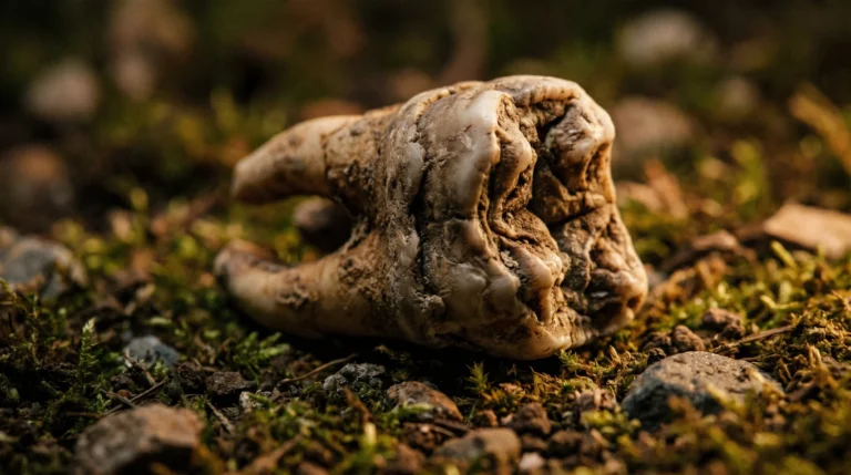 Tierischer Kieferknochen im moosigen Waldboden