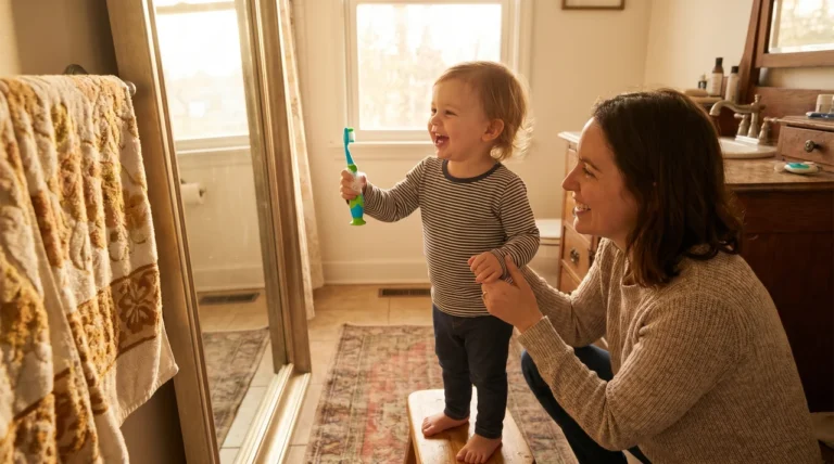 Mutter hilft Kleinkind beim Zähneputzen im Badezimmer