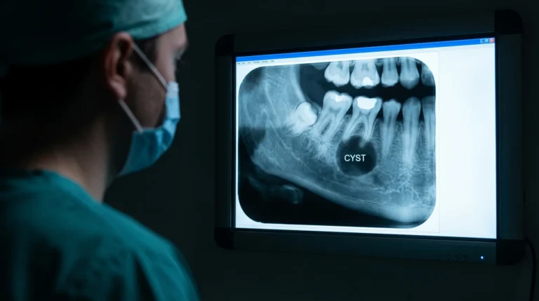 Zahnarzt betrachtet Röntgenbild mit Kieferzyste